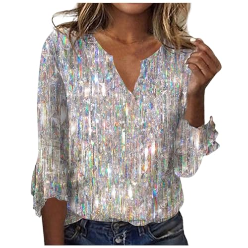 Glitzer Oberteile Damen 3/4 Arm V Ausschnitt Tshirt Elegant Casual Glitzer Aufdruck T Shirt Silvester Schicke Festival Party Bluse Locker Aesthetic Clothes Für Damen (B09,XL) von Generic