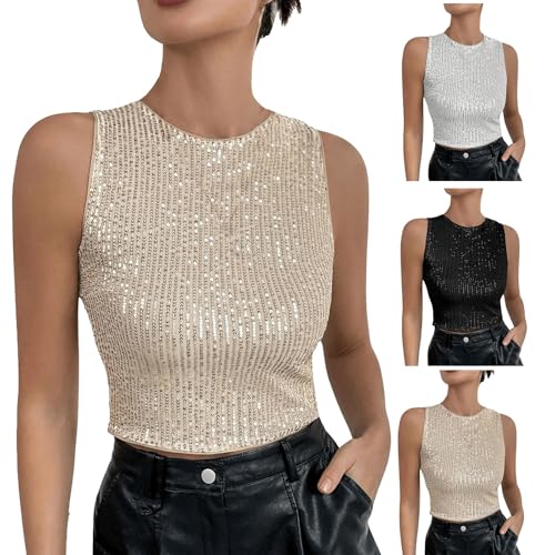 Glitzer Oberteile Damen - Crop Tops Kurz Bauchfrei Tank Top Pailletten Tankshirt Ärmellos Schulterfrei Tunika-Weste Einfarbig Elegante Tanktops Sparkle Party-Weste Slim Fit Y2K Shirt von Generic