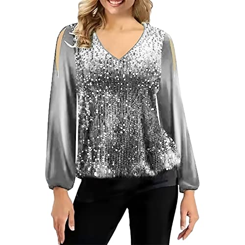 Glitzer Oberteile Damen Langarm Elegant Festlich Pailletten Longshirt Tunika Tops Schön Glänzend Bluse V-Ausschnitt Pailletten T Shirt Casual Party Mode Glitzertop (A-Grey, L) von Generic