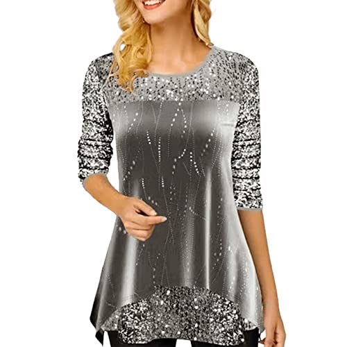 Glitzer Oberteile Damen Pailletten Bluse Elegant Festlich Langarmshirt Rundhals Asymmetrisch Langarm Locker Lässig Pullover T-Shirt Tunika Top Party Oberteil Blusen & Tuniken für Damen von Generic