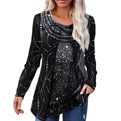 Glitzer Oberteile Damen Pailletten Bluse Elegant Festlich Langarmshirt Rundhals Gefälschte Zweiteilig Langarm Locker Lässig Pullover T-Shirt Tunika Tops Blusen & Tuniken für Damen von Generic