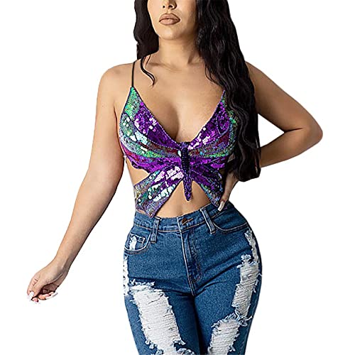 Glitzer Oberteile Damen Pailletten Schmetterling Kostüm Damen Karneval Carnival Crop Tops Bauchtanz Kostüm Tank Top Club Kostüm Corset Top Karnevalskostüme Damen (Purple Multicolor, One Size) von Generic