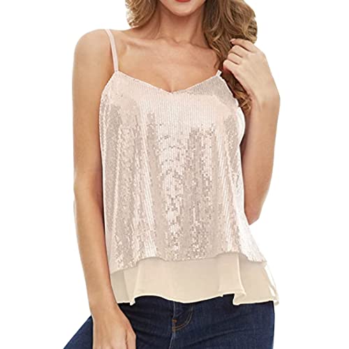 Glitzer Oberteile Damen Pailletten Tops Weste Ärmellos V-Ausschbitt U-Back Side Split Bluse Tunika Bluse Ärmellose Blusentop Elegant Tunika Weste Locker Oberteile (X1-Beige, XXL) von Generic