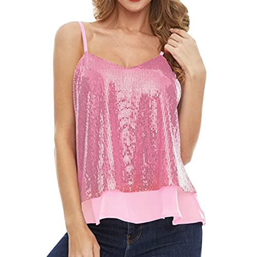 Glitzer Oberteile Damen Pailletten Tops Weste Ärmellos V-Ausschbitt U-Back Side Split Bluse Tunika Bluse Ärmellose Blusentop Elegant Tunika Weste Locker Oberteile (X1-Hot Pink, M) von Generic