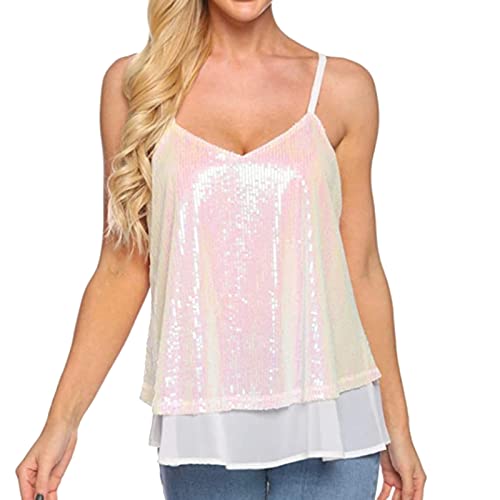 Glitzer Oberteile Damen Pailletten Tops Weste Ärmellos V-Ausschbitt U-Back Side Split Bluse Tunika Bluse Ärmellose Blusentop Elegant Tunika Weste Locker Oberteile (X1-Pink, M) von Generic