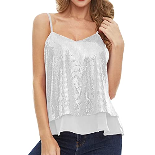 Glitzer Oberteile Damen Pailletten Tops Weste Ärmellos V-Ausschbitt U-Back Side Split Bluse Tunika Bluse Ärmellose Blusentop Elegant Tunika Weste Locker Oberteile (X1-White, XL) von Generic