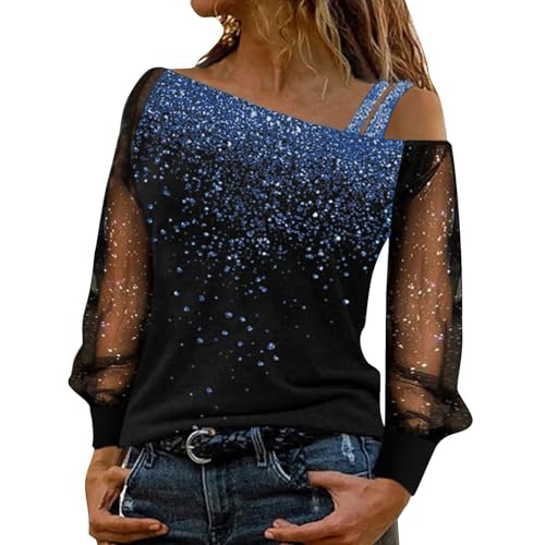 Glitzer Oberteile Damen Party Langarm Festliche Off-Shoulder Pailletten Shirt Schwarz Elegant Bluse Silvester Outfit Modern Pullover Große Größen Winter von Generic