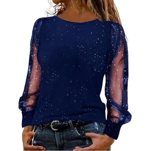 Glitzer Oberteile Damen Party Langarm Festliche Pailletten Shirt Schwarz Elegant Sexy Bluse Silvester Outfit Modern Pullover Große Größen Sommer (01 Blau, 5XL) von Generic