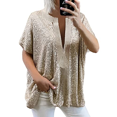 Glitzer Oberteile Damen Party Pailletten Langarm Pailletten Silber T-Shirt Langarmshirt Festlich Glitzer Bluse Wedding Spitze Hochzeit Langarm Glitzertop Tunika Damenbluse von Generic