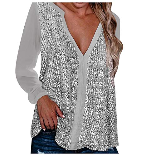 Glitzer Oberteile Damen Sexy,Pailletten Oberteil Damen V-Ausschnitt Silber Weiss Langarmshirt Tunika Top T Shirt Langarm Große Größen Lockere Lässiges Bluse Party Oberteil Blusen & Tuniken für Frauen von Generic