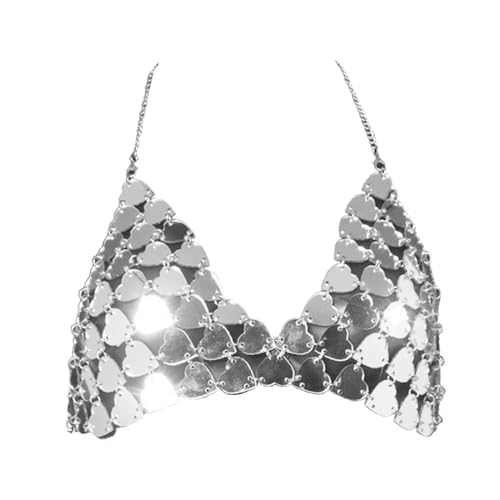 Glitzer Oberteile Damen Sexy Bauchtanz Party V-Ausschnitt Glänzend Crop Tops Tanktops BH mit Pailletten Beading Tassel Ärmellos Shirt Funkelnde Tanzkleidung Fasching Karneval Club Kostüm Latin Dance von Generic