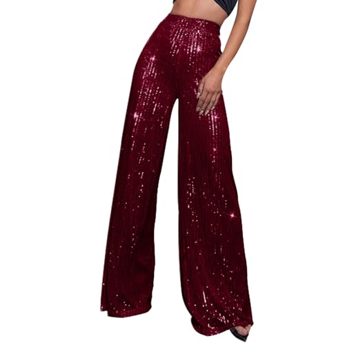 Glitzer Pailletten Schlaghose Damen Weites Bein Pailettenhose Elastische Taille Glitzerhose Lang Party Hose High Waist Freizeithose Party Hose Legins Metallic Hosen Karneval Kostüm Outdoorhose von Generic