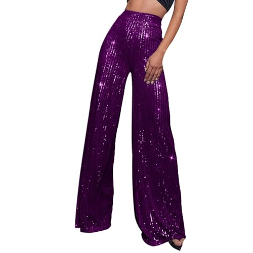 Glitzer Pailletten Schlaghose Damen Weites Bein Pailettenhose Elastische Taille Glitzerhose Lang Party Hose High Waist Freizeithose Party Hose Legins Metallic Hosen Karneval Kostüm Outdoorhose von Generic