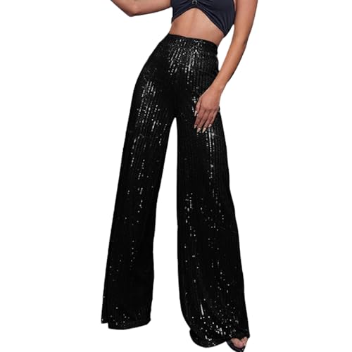 Glitzer Pailletten Schlaghose Damen Weites Bein Pailettenhose Elastische Taille Glitzerhose Lang Party Hose High Waist Freizeithose Party Hose Legins Metallic Hosen Karneval Kostüm Outdoorhose von Generic
