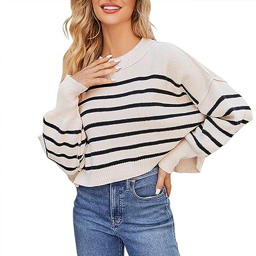 Glitzer Pullover Damen Damen/Winter Rundhals Langarm Streifen Lose Kurzpullover Pullover Leichter Strickpullover Damen (B, XS) von Generic