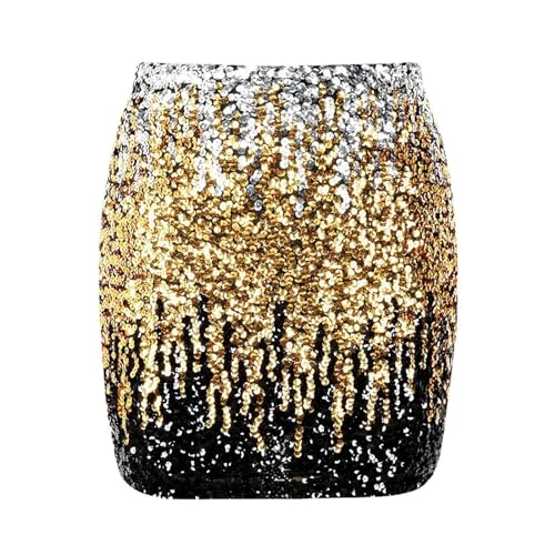 Glitzer Rock Damen Pailettenrock Für Damen Minirock Bleistiftrock Party Bodycon Short Sequin Skirt Taille Party Rave Outfit Pailetten Rock für Damen Silvester Sexy Minirock Hippe (F-Gold, M) von Generic