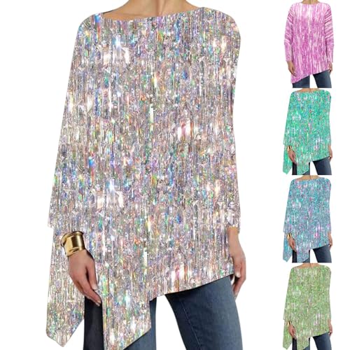 Glitzer Shirt Damen Lang Große Größen - Oberteile Mit 3D-Durcken Oversized Longshirt Festlich Glitzer-Shirt Vintage Elegante Longblusen Silvester Blusen-Tops Locker Casual T-Shirt von Generic