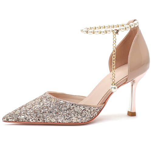 Glitzer Spitzenkappe Mit Leder Absatzumwicklung 5cm/7cm Stöckelabsatz Perlenknöchelkette & Anhänger rutschfeste Sohle Brautschuhe,Champagne 5cm,44 EU von Generic