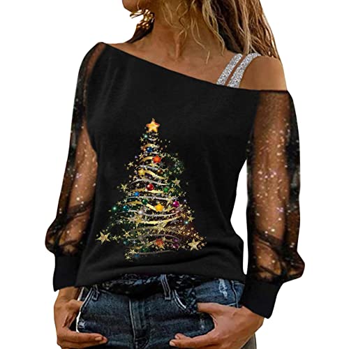 Glitzer Weihnachtsbluse Damen, Off Shoulder Weihnachtsshirt Damen mit Weinglas Muster,Weihnachtspullover Damen Langarmshirt Pullover Weihnachten Sweatshirt Mesh Langarm Tunika Tops Elegant Slim Fit von Generic