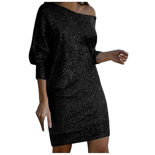 Glitzerkleid Damen Schulterfrei Kleid Pailletten Kurz Etuikleid Paillettenkleid Frauen Minikleid Damen Glitzer Kleid mit Fransen Off Shoulder Cocktailkleid Abendkleider Tunika Kleid A Linien Kleid von Generic