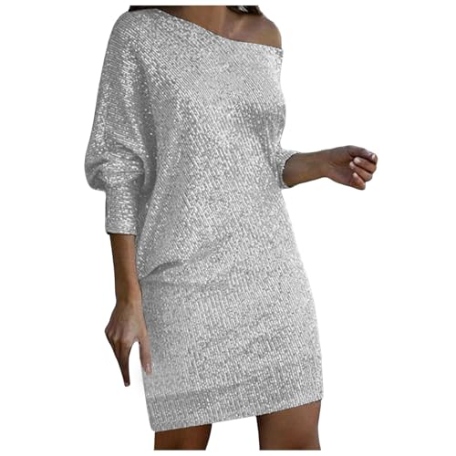 Glitzerkleid Damen Schulterfrei Kleid Pailletten Kurz Etuikleid Paillettenkleid Frauen Minikleid Damen Glitzer Kleid mit Fransen Off Shoulder Cocktailkleid Abendkleider Tunika Kleid A Linien Kleid von Generic