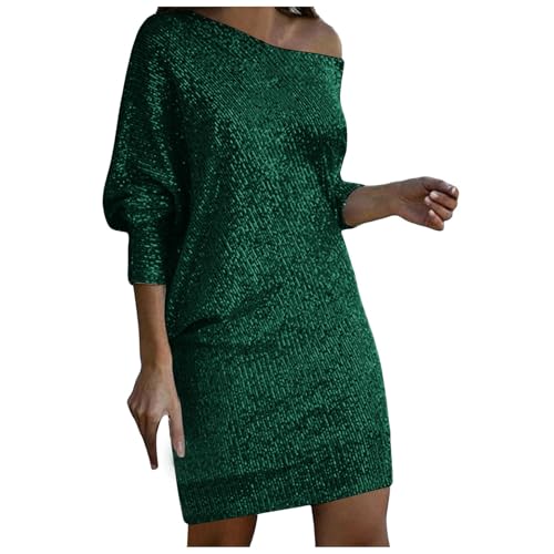 Glitzerkleid Damen Schulterfrei Kleid Pailletten Kurz Etuikleid Paillettenkleid Frauen Minikleid Damen Glitzer Kleid mit Fransen Off Shoulder Cocktailkleid Abendkleider Tunika Kleid A Linien Kleid von Generic