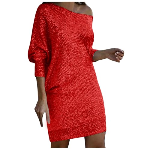 Glitzerkleid Damen Schulterfrei Kleid Pailletten Kurz Etuikleid Paillettenkleid Frauen Minikleid Damen Glitzer Kleid mit Fransen Off Shoulder Cocktailkleid Abendkleider Tunika Kleid A Linien Kleid von Generic