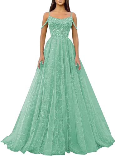 Glitzernde Pailletten-Abschlussballkleider,SpaghettiträGer,Glitzer-TüLl,Formelle Ballkleider,Schulterfreies A-Linien-Partykleid FüR Frauen Mint Green 9XL von Generic