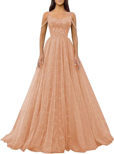 Glitzernde Pailletten-Abschlussballkleider,SpaghettiträGer,Glitzer-TüLl,Formelle Ballkleider,Schulterfreies A-Linien-Partykleid FüR Frauen Rose Gold XXL von Generic