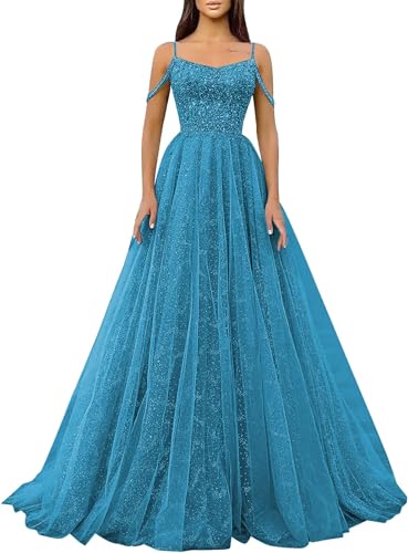 Glitzernde Pailletten-Abschlussballkleider,SpaghettiträGer,Glitzer-TüLl,Formelle Ballkleider,Schulterfreies A-Linien-Partykleid FüR Frauen Aqua Blue M von Generic