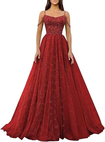 Glitzernde Pailletten-Abschlussballkleider,SpaghettiträGer,Glitzer-TüLl,Formelle Ballkleider,Schulterfreies A-Linien-Partykleid FüR Frauen Burgundy 4XL von Generic