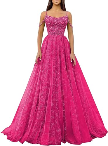 Glitzernde Pailletten-Abschlussballkleider,SpaghettiträGer,Glitzer-TüLl,Formelle Ballkleider,Schulterfreies A-Linien-Partykleid FüR Frauen Hot Pink XS von Generic