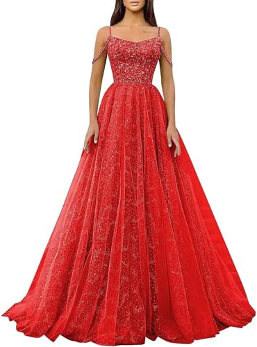 Glitzernde Pailletten-Abschlussballkleider,SpaghettiträGer,Glitzer-TüLl,Formelle Ballkleider,Schulterfreies A-Linien-Partykleid FüR Frauen Red 5XL von Generic