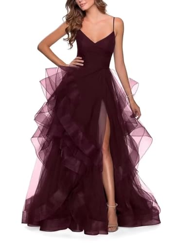 Glitzerndes Ballkleid Aus TüLl FüR Damen Mit V-Ausschnitt Und SpaghettiträGern Ballkleid Lang Flauschig Mehrlagig Formelles Abendkleid Mit Schlitz Burgundy L von Generic
