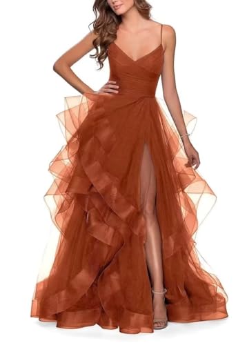 Glitzerndes Ballkleid Aus TüLl FüR Damen Mit V-Ausschnitt Und SpaghettiträGern Ballkleid Lang Flauschig Mehrlagig Formelles Abendkleid Mit Schlitz Burnt Orange XS von Generic