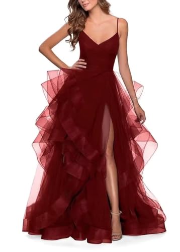 Glitzerndes Ballkleid Aus TüLl FüR Damen Mit V-Ausschnitt Und SpaghettiträGern Ballkleid Lang Flauschig Mehrlagig Formelles Abendkleid Mit Schlitz Dark Red M von Generic
