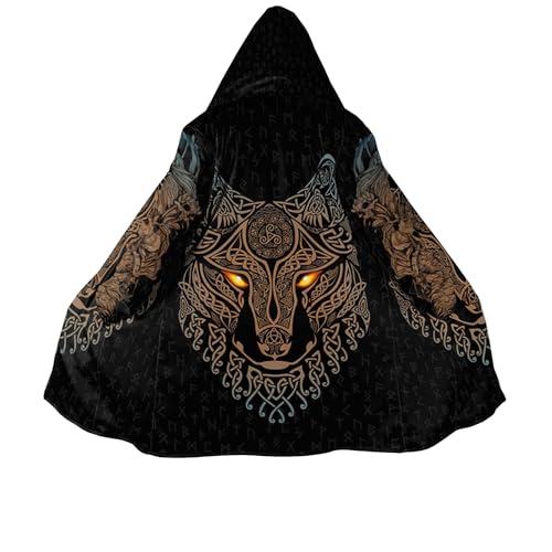 Götterdämmerung Fenrir Wolf Herren Winter Kapuzenponcho Jacke 3D gedruckt Full Zip Faux Lamb Lining Hoodie Jacke Viking Warm Robe Pike Coat(Fenrir Wolf Gold Coat,M) von Generic
