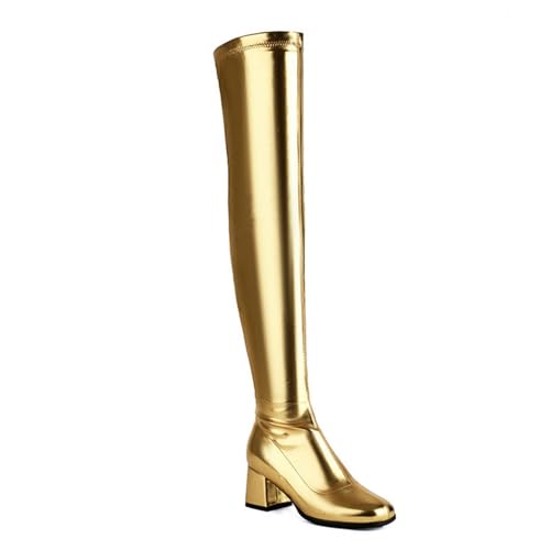 Gold,46 EU,Overknee-Stiefel aus Leder und PU für Damen, quadratische Zehenpartie, klobiger Absatz, Overknee-Stiefel, seitlicher Reißverschluss, hohe Stiefel, modische Abendschuhe von Generic