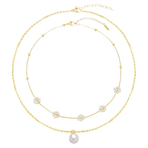 Gold Layered Damen Halskette Set Einstellbare Länge Perle Gänseblümchen Design Edelstahl Hypoallergen Ideal Für Jeden Anlass 2 Stück von Generic
