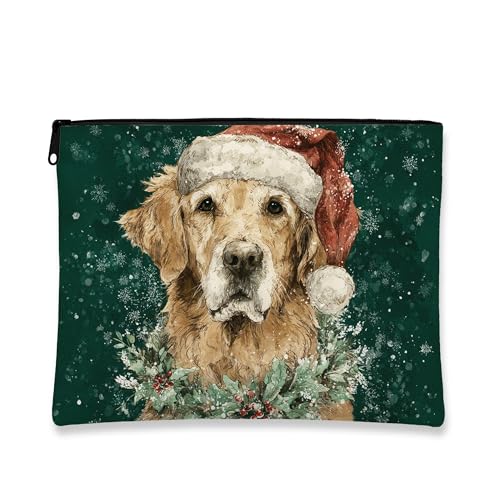 Golden Retriever Weihnachts-Hunde-Make-up-Tasche, Reisetasche für Frauen, tragbarer Organizer aus Segeltuch mit Reißverschluss, für den Winter, grün, 7x9 Inch, Hund von Generic