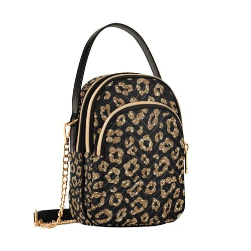 Goldfarbene Glitzer-Leoparden-Umhängetasche für Damen, abnehmbare Kettentasche, Handygeldbörse, Schultertasche, Handtasche, Goldfarbener Glitzer-Leopardenmuster, Einheitsgröße von Generic