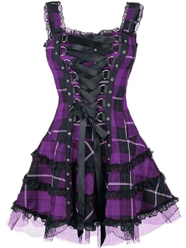 Goth Dark Plaid Gothic Damen A-Linien-Kleider, Spitzenbesatz, Patchwork-Minikleid, Punk, figurbetont, Partykleidung-lila-XXL von Generic