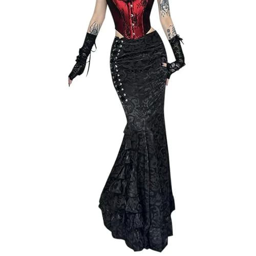 Gothic Elegante Bandage Trompetenröcke Grunge Ästhetische Punk Frauen Langer Rock Brokat Godet Saum Einsatz Böden-Schwarz-XL Gothic Elegante Bandage Trompetenröcke Grunge Ästhetische Punk Frauen Langer Rock Brokat Godet Saum Einsatz Böden-Schwarz-XL von Generic