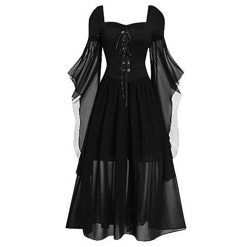 Gothic Halloween Kleid Kostüm Damen, Übergröße A-Linie Schnüren Maxi Kleider mit Schmetterlingsärmeln für Frauen, Festliches Vintage Schwarz Hexenkleid Cosplay Club Party Kostüme von Generic