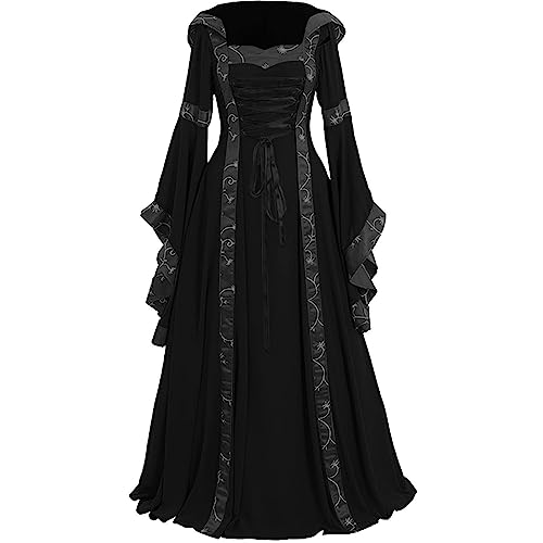 Gothic Hexe Vintage Kleid mit Kapuze Halloween Kleid Damen Lang Vintage Retro Langarmkleid Damenkleid Partykleider Karneval Ausführen Kostüme Fledermausärmel Verbandkleid Herbst Elegant von Generic