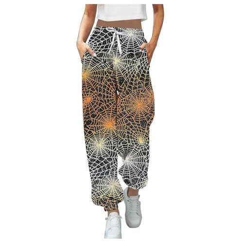 Gothic Hose Damen Schwarz,Punk Hose Damen Jogginghose Damen Lang High Waist Sport Yoga Hosen Retro Haremshosen Baggy Laufhose Totenkopf Print Track Pants Jogginghose mit (Light Yellow #3, L) von Generic