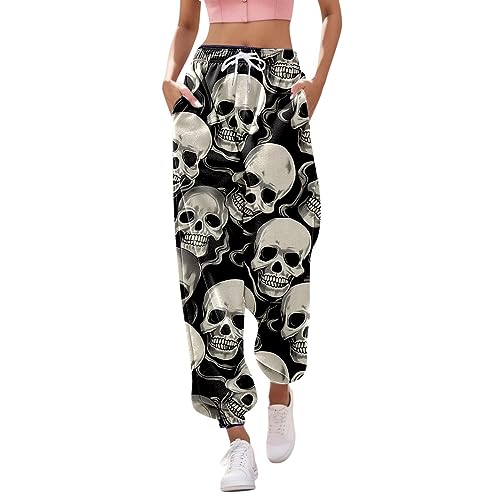 Gothic Hose Damen Schwarz -Punk Hose Damen Jogginghose Damen Lang High Waist Sport Yoga Hosen Retro Haremshosen Baggy Laufhose mit Totenkopf Print Track Pants Streetwear Party Halloween Kostüm von Generic