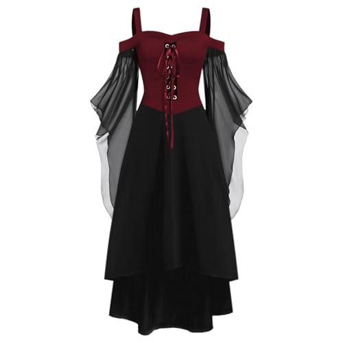 Gothic Kleid Damen Vintage Mittelalterliches Kleider mit Trompetenärmeln Gebundene Taille Partykleid Halloween Karneval Kostüm für Frauen,Rot,S von Generic