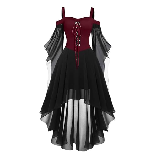 Gothic Kleid Damen Vintage Mittelalterliches Kleider mit Trompetenärmeln Gebundene Taille Partykleid Halloween Karneval Kostüm für Frauen,Rot,S von Generic