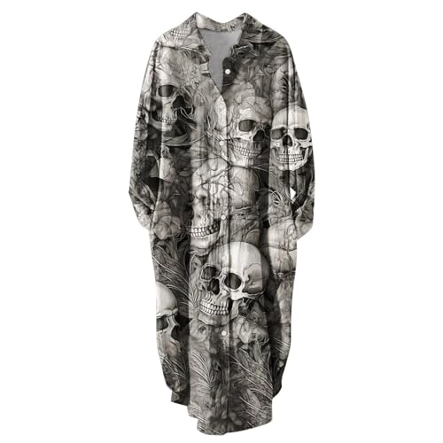 Gothic Kleidung Damen Blusenkleid Gothic Totenkopf Shirtkleid Halloween Kostüm Langarm Hemdkragen Freizeitkleid Locker Wickelkleid Damen Bequeme Hemdblusenkleid Halloween Kostüm von Generic